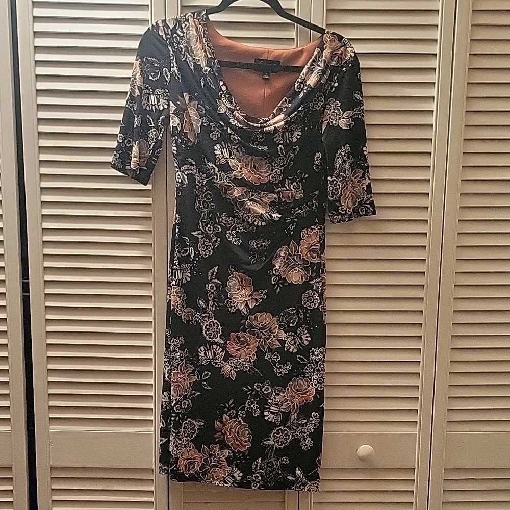 Black Pink Floral Draped Sheath Dress